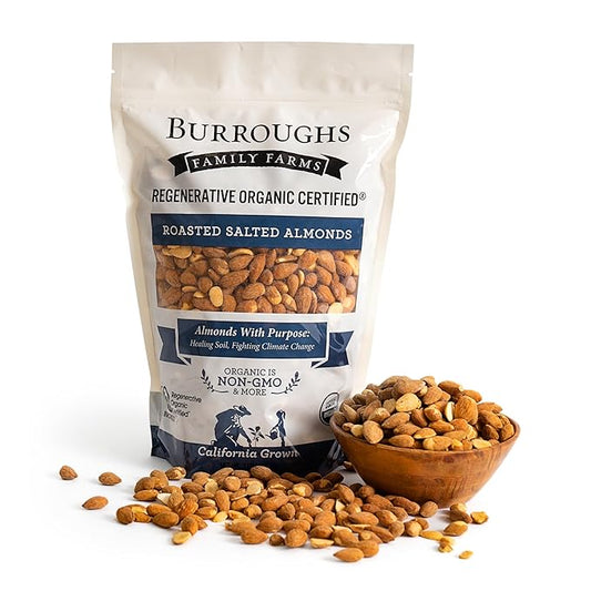 Burroughs Family Farms 3 lb Roasted Salted Almonds – USDA Organic, First Regenerative Organic