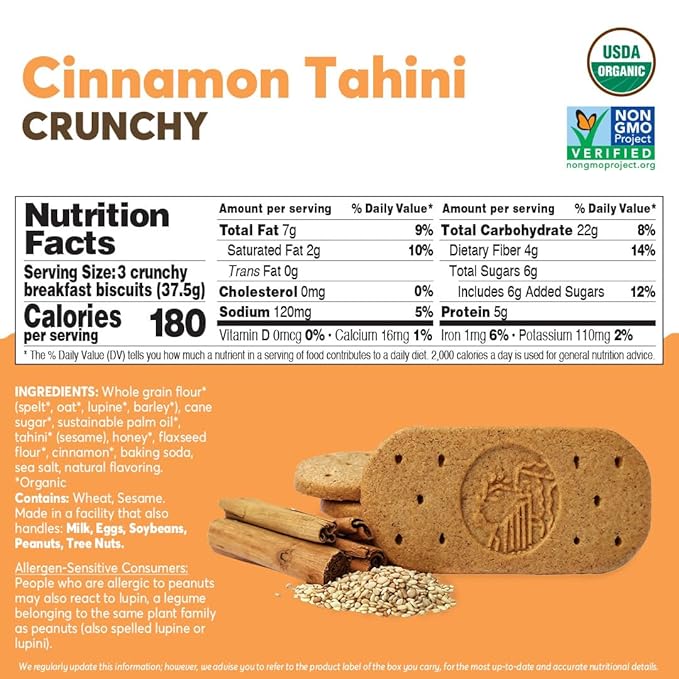Olyra Breakfast Biscuits Cinnamon Tahini, Kids Healthy Snacks, Low Sugar, High Fiber, Plant-Based