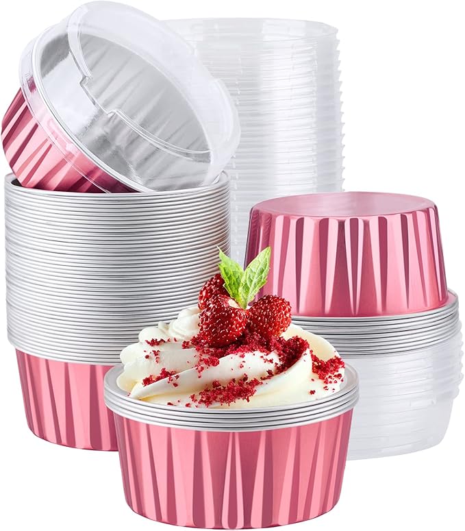 EUSOAR Disposable Ramekins with Lids, 60pcs 5oz Foil Dessert Cups, Aluminum Baking Cups Liners Mini