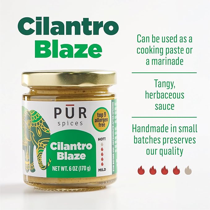 PUR Spices Cilantro Blaze I Hot Sauce & Tangy Cilantro Chutney I Fresh Cilantro, Garlic, Lime and