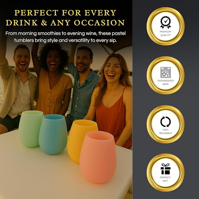 Silicone Wine Glasses – Set of 4 Pastel Colors, 12 oz – Break-Resistant, Flexible & Shatterproof