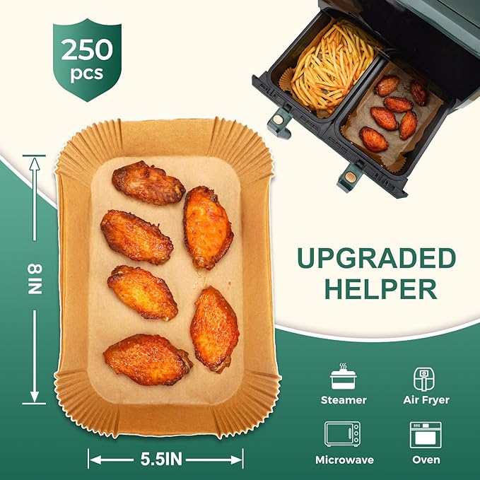 Air Fryer Liners Disposable for Dual Basket, 250Pcs 8x5.5 Inch Rectangular Parchment Paper for