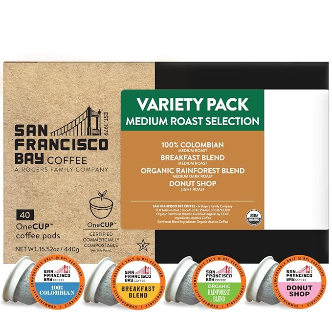 San Francisco Bay Compostable Coffee Pods - Variety Pack Medium Roast (40 Ct) K Cup Compatible