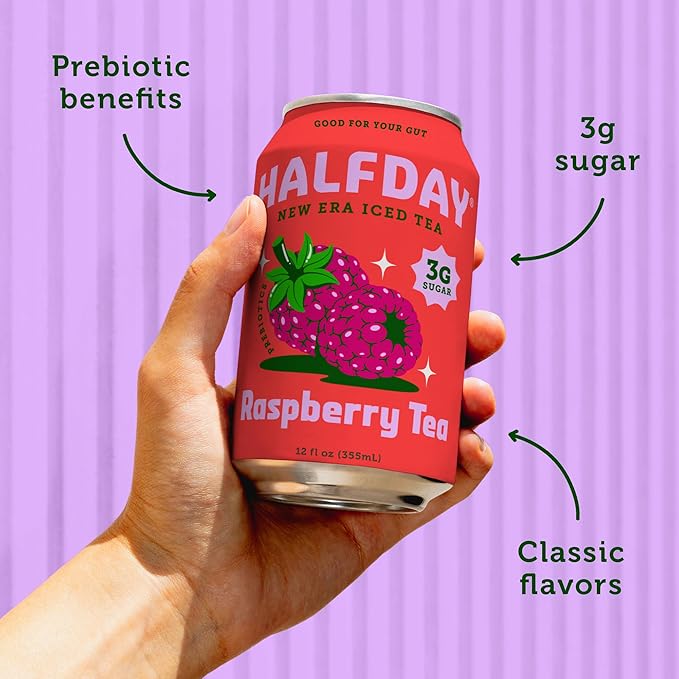 HALFDAY Prebiotic Raspberry Iced Tea Cans, Supports Digestive & Gut Health, 6g Plant Fiber &