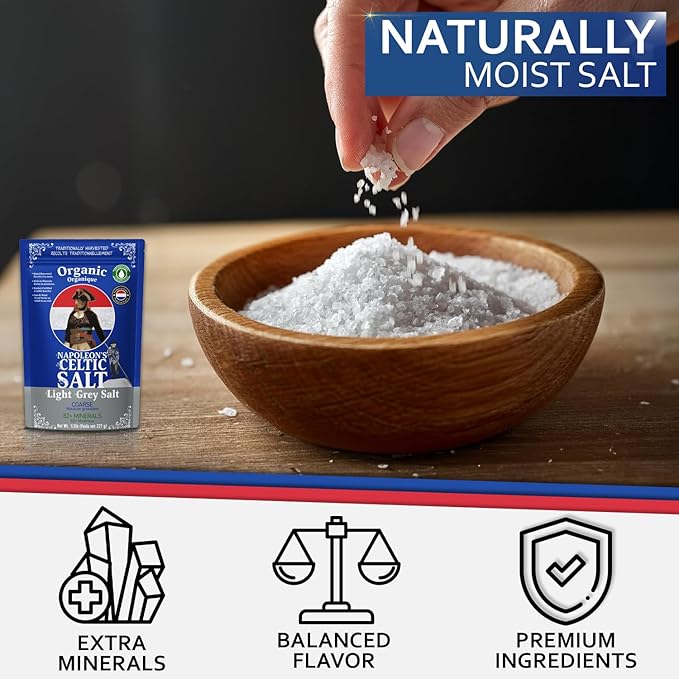 Napoleon's Celtic Organic 82 Minerals Sea Salt Coarse, French Sea Salt, Grey Salt, 1/2lb Resealable