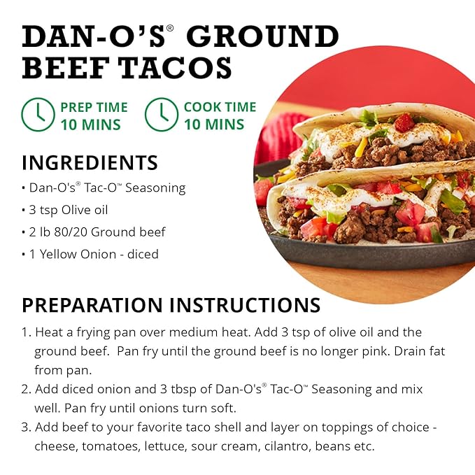 Dan-O's Tac-O Seasoning, 2.5 oz Bottle, All Purpose Taco Seasoning for Tacos, Quesadillas, Ground