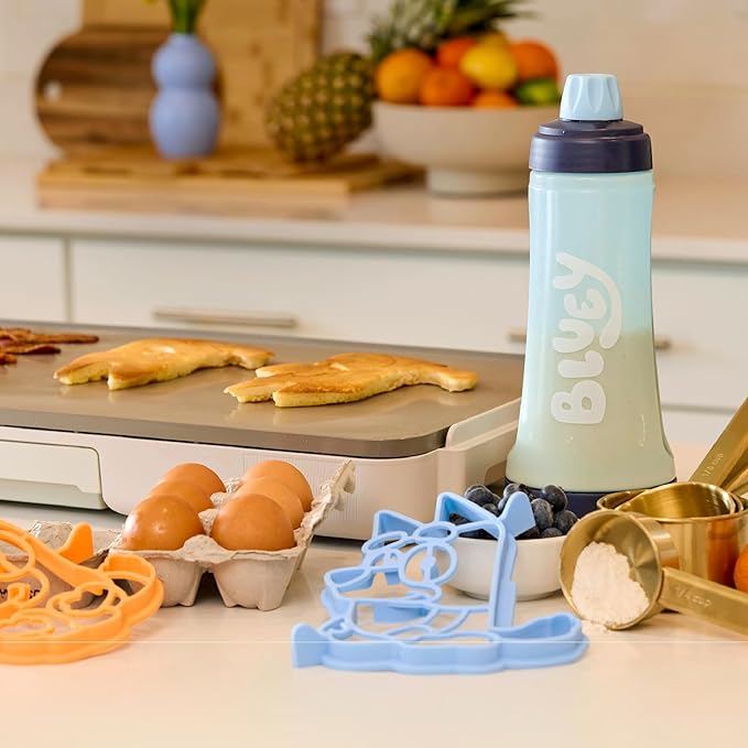 Whiskware Bluey Pancake Art Kit, 1 Batter Bottle, 2 Silicone Bluey and Bingo Pancake Molds, and 1