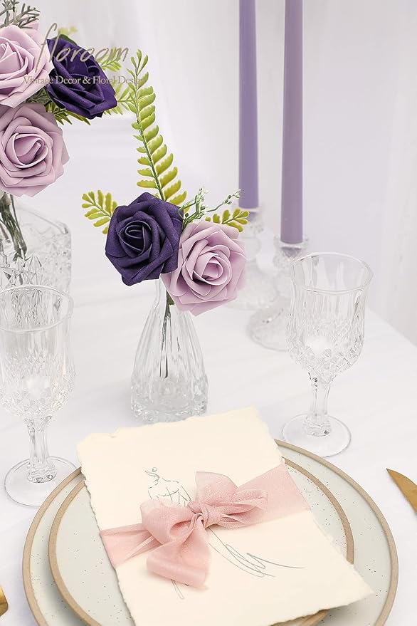 Floroom Artificial Flowers 25pcs Real Looking Lilac & Purple Foam Fake Roses with Stems for DIY