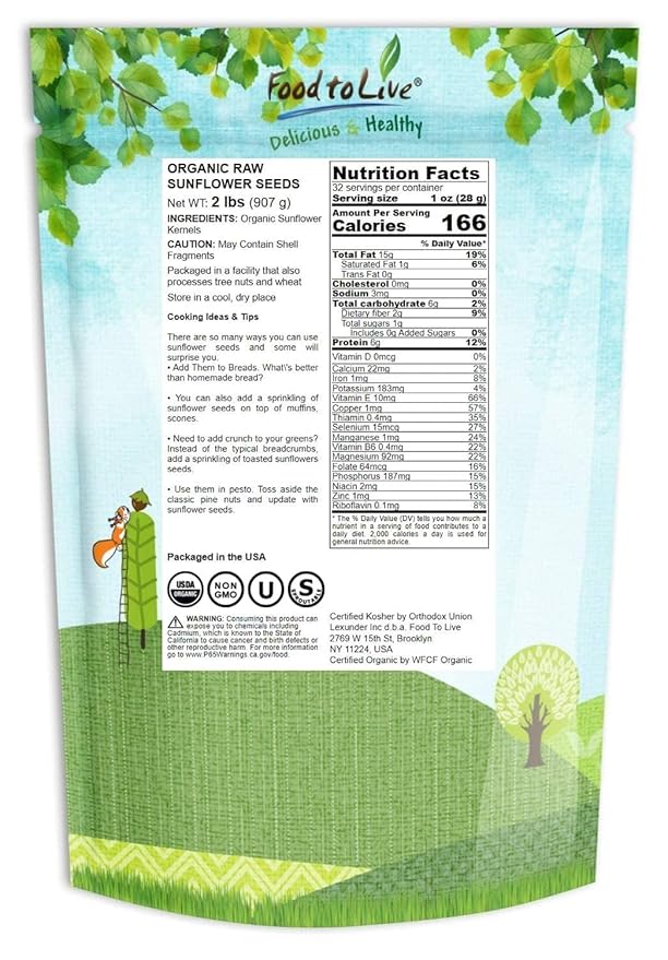 Food to Live - Organic Sunflower Seeds, 2 Pounds - Hulled, Raw, Non-GMO, Dried Kernels, Unsalted