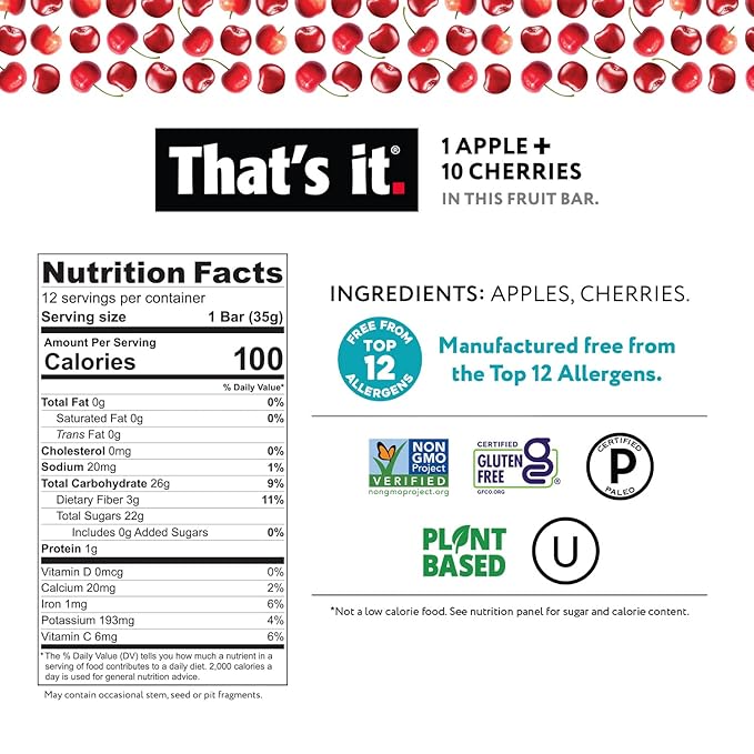 That's it. Apple + Cherry 100% Natural Real Fruit Bar, Best High Fiber Vegan, Gluten Free Healthy