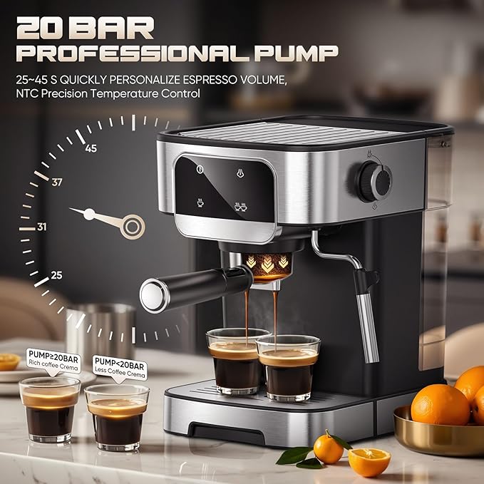 Espresso Machine 20 Bar, Professional Espresso Maker with Power Milk Frother，Compact Espresso