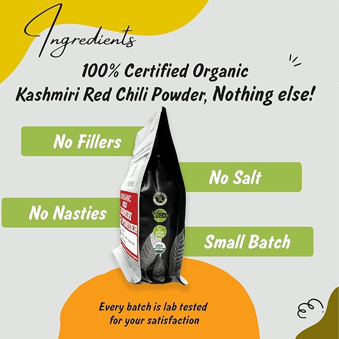 Spice Profile USDA Organic Low Heat Kashmiri Chili Powder, 4 oz, Lab Tested for Heavy Metals, Milder than Deggi Mirch Chilli, Chile rojo de Cachemira en polvo