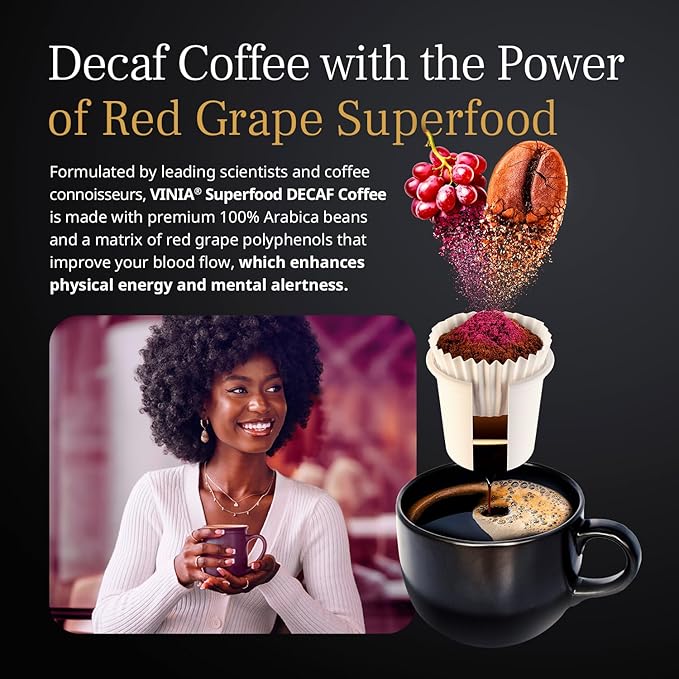 VINIA Blood Flow Energy Coffee DECAF - Medium Roast Superfood Coffee Pods, Swiss Water Process