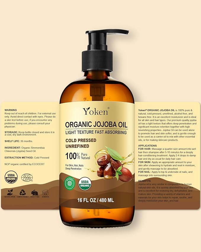 Yoken Organic Jojoba Oil Glass Bottle 16 fl oz, USDA Certified 100% Pure & Natural Jojoba Oil for