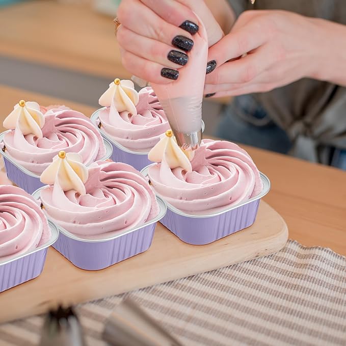 Aoriher 150 Pieces 10 oz Mini Cake Pans with Lids Aluminum Foil Baking Cups Square Disposable 4" x