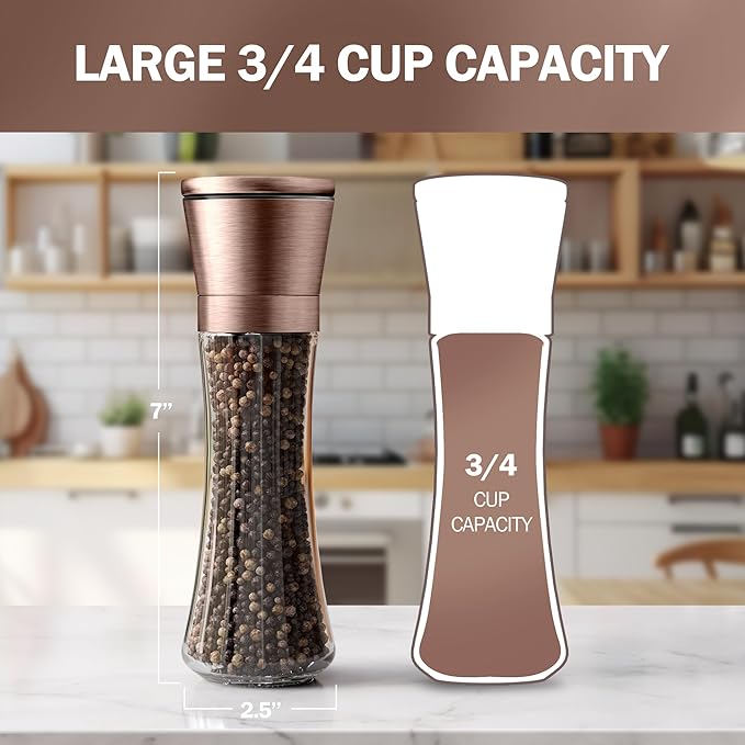 Home EC Original Copper Salt and Pepper Grinder Set of 2 - Adjustable Ceramic Grinder - Tall Glass