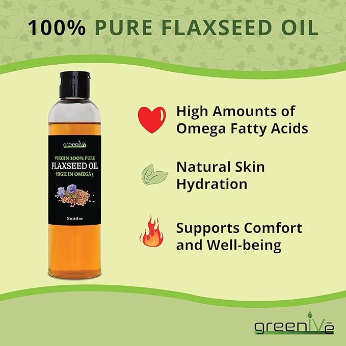 GreenIVe Flax Seed Oil Organically Grown100% Pure Cold Pressed High Vegan Omega Fatty Acids (8 Fl
