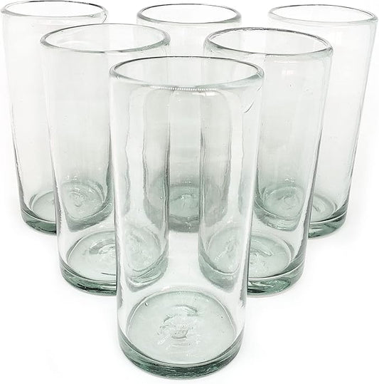 Clear 20 oz Tall Iced Tea Glasses (set of 6), Hand Blown Mexican Glassware, Recycled Glass Drinking