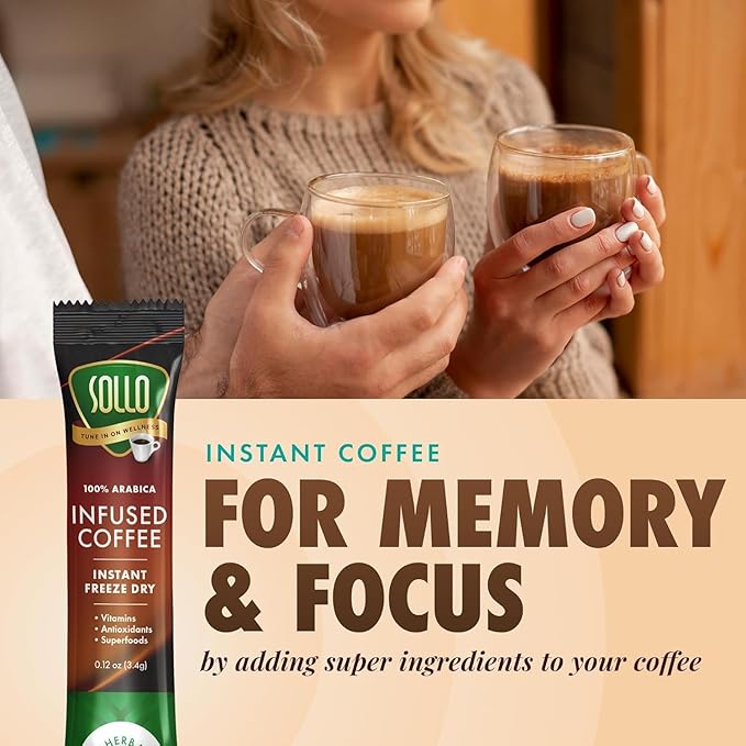 Sollo Brain Power Instant Coffee Sticks (24 Servings) Cinnamon Notes - Dark Roast, Enhanced Brain
