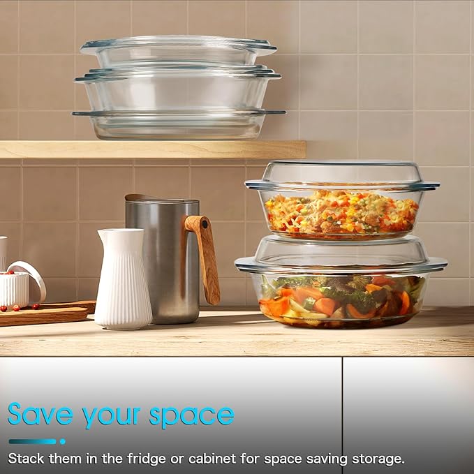 NUTRIUPS 3QT Round Glass Casserole Dish with Lid, Tempered Glass, 10inch Large Glass Microwave