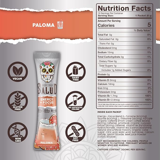 Salud 2-in-1 Energy Drink Powder + Focus, Paloma, Organic Caffeine, B6 + B12, Theanine, Clean