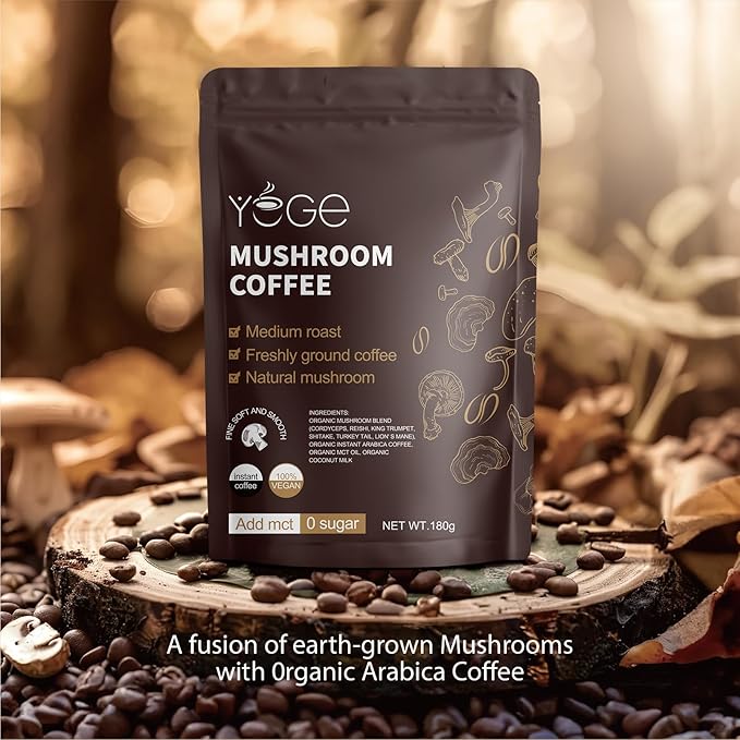 Mushroom Coffee, Instant Organic Mushroom Coffee with Cordyceps, Reish, King Trumpet, Shitake