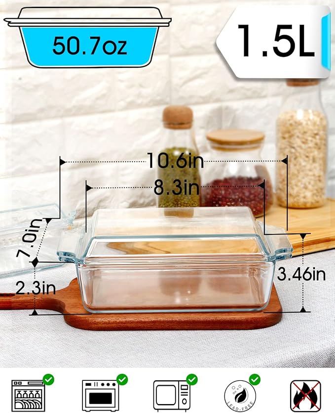 NUTRIUPS Rectangular Glass Casserole Dish With Lid Glass Bakeware Microwave Casserole Dish Lidded