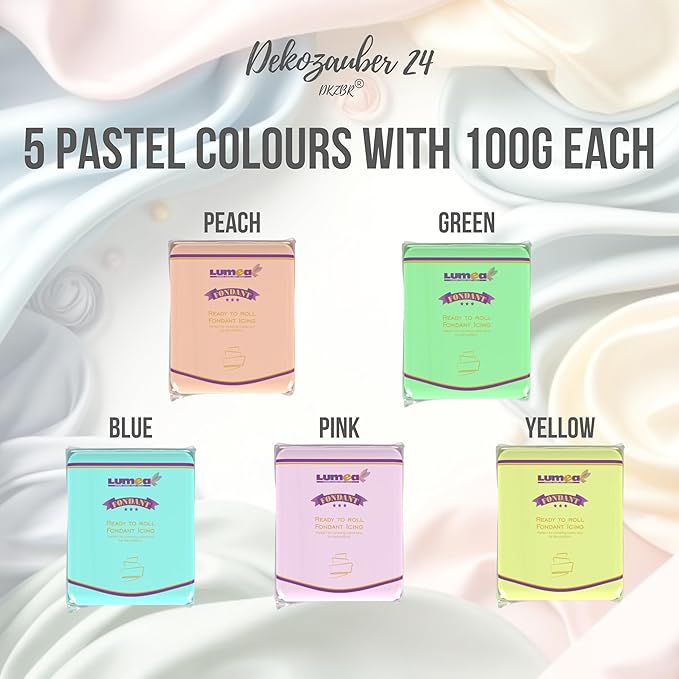 Dekozauber24 Fondant icing multipack, 5 pastel colors, 3.5oz (100g) rolled fondant per color, for