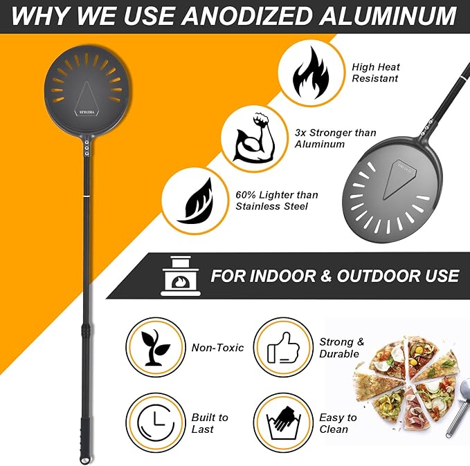 Turning Pizza Peel, 9 Inch with 38 Inch Handle Round Pizza Turning Peel, Professional Anodized