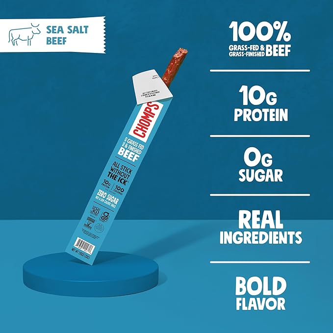 Chomps Grass-Fed and Finished Sea Salt Beef Jerky Snack Sticks 10-Pack - Keto, Paleo, Whole30, 10g