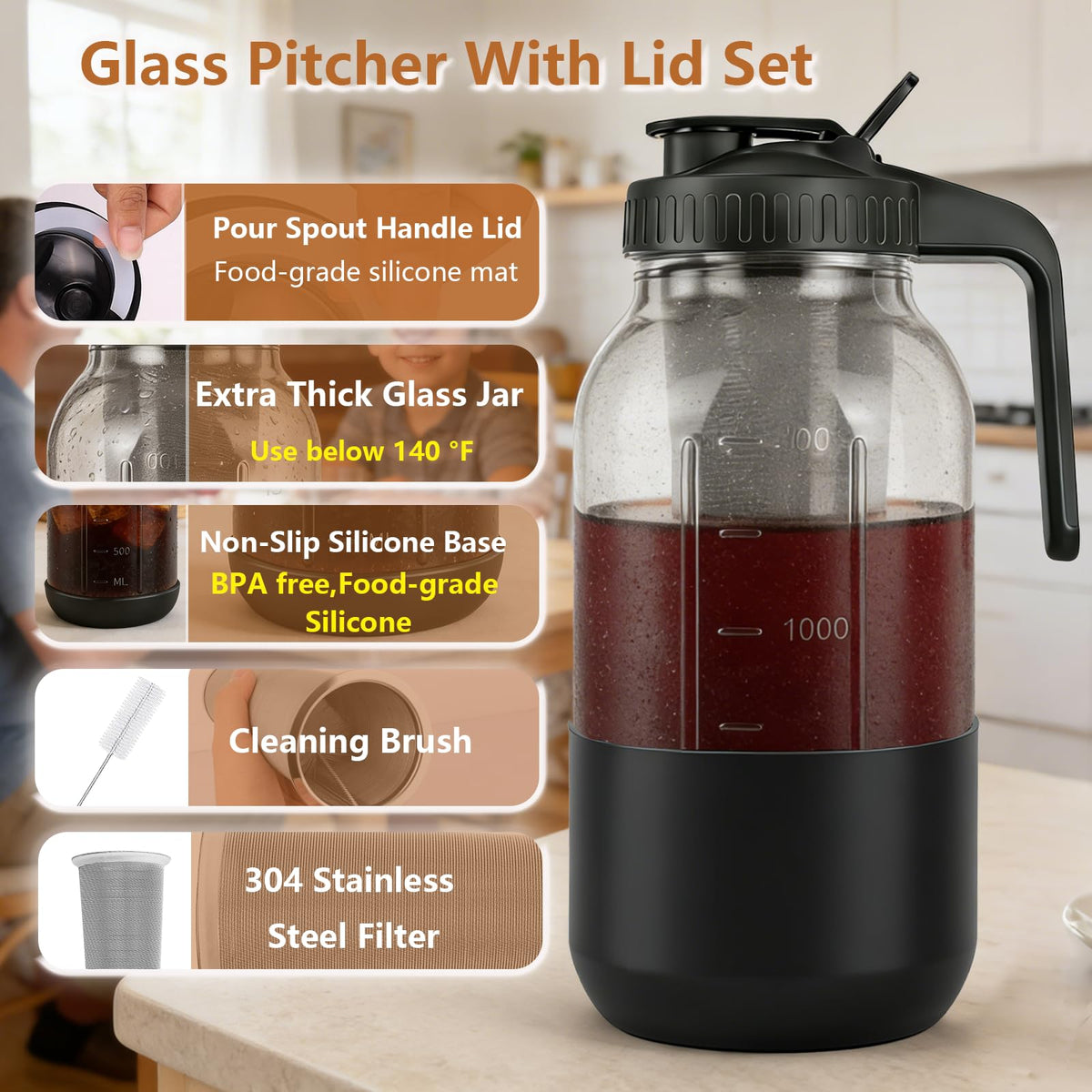 Cold Brew Coffee Maker, 64oz Mason Jar Pitcher with Stainless Steel Filter, Leak-Proof Lid with