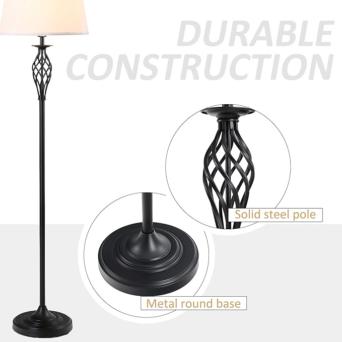 HOMCOM 3 Piece Table Floor Lamp Set with Metal Pole, Round Base, and Fabric Lampshade, for Living