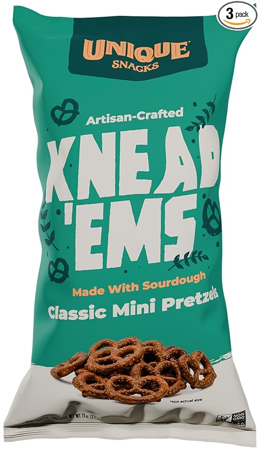 Unique Snacks Knead 'Ems Sourdough Mini Pretzels – 3 Pack, 11 oz Bags - Artisan Vegan Snack