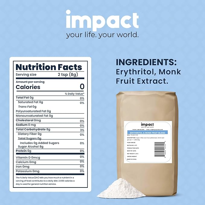 Impact White Monk Fruit & Erythritol Sweetener Blend - Gluten Free, Zero Calories, Net Carbs, Keto