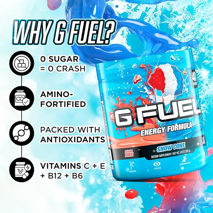 G Fuel Snow Cone Energy Drink Powder, Pre Workout Caffeine Mix for Gaming, Sugar Free Focus Amino