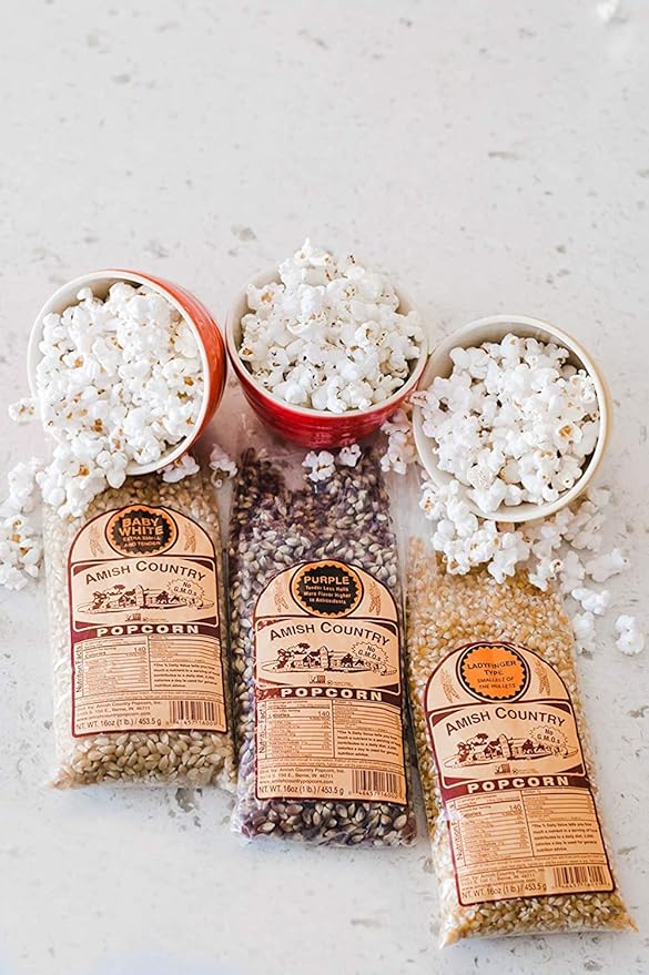 Amish Country Popcorn | 3-1 lb Bags | 1 lb Baby White, 1 lb Ladyfinger, and 1 lb Purple Popcorn