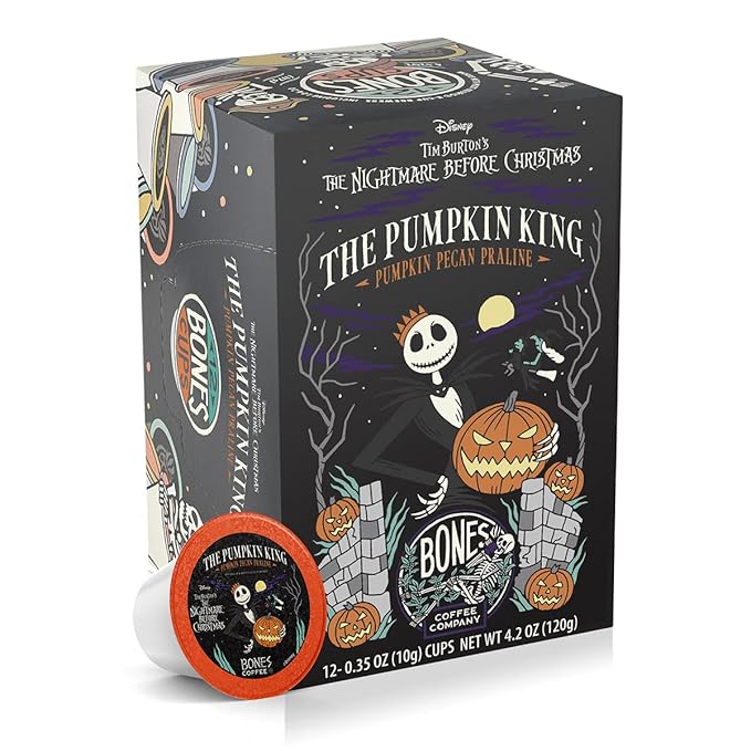 Bones Coffee Company Pumpkin King, Pumpkin Pecan Praline Flavored Coffee Pods, Low Acid Medium