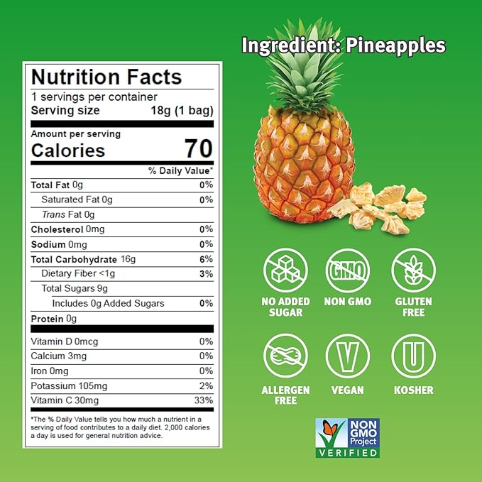 Crispy Green Natural Freeze-Dried Fruit, Pineapple Single-Serve, No Sugar Added, 0.63 Ounce (Pack