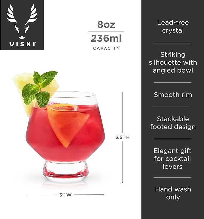Viski Raye Footed Crystal Punch Cups Set of 2 - Premium Crystal Clear Glass, Stemless Heavy Base