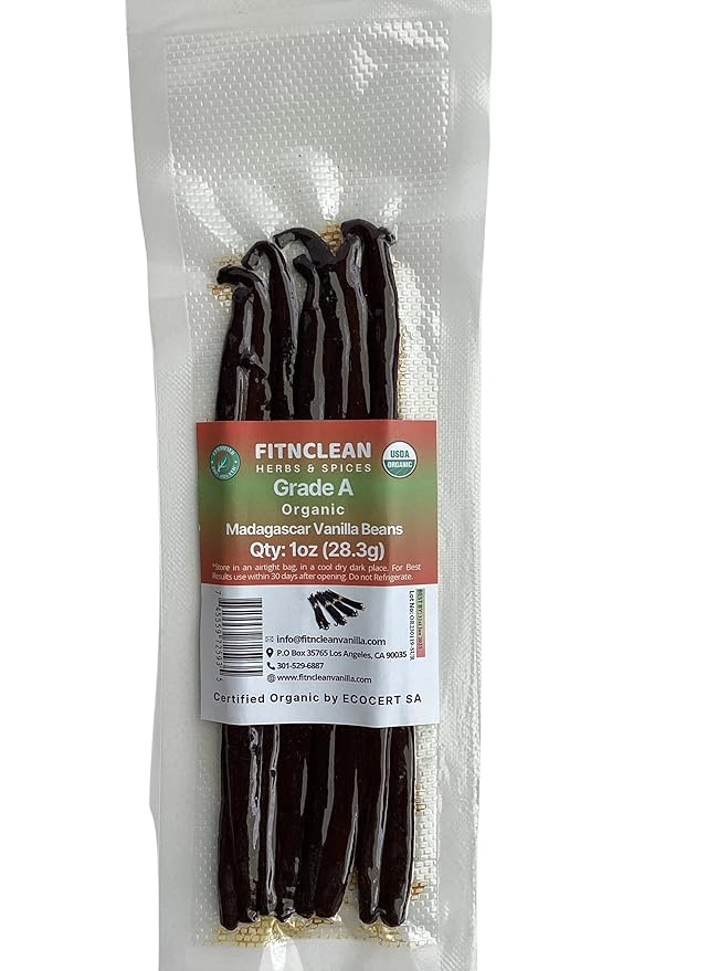 1oz. Madagascar Organic Vanilla Beans Gourmet Grade A. Certified USDA Organic 6"-7.5" by FITNCLEAN