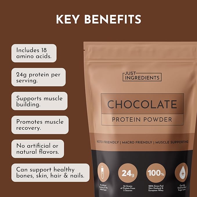 JUST INGREDIENTS Chocolate Protein Powder ??20-Serving Blend with 100% Grass-Fed Whey & Organic