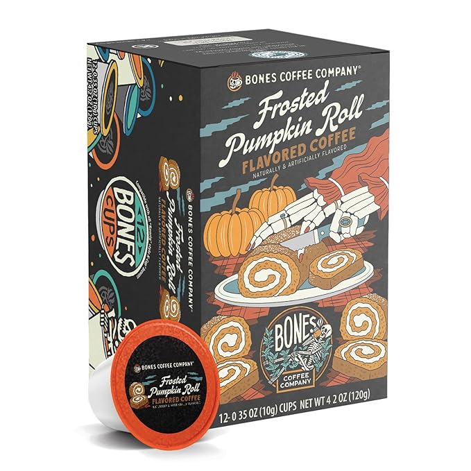 Bones Coffee Company Frosted Pumpkin Roll Flavored Coffee Pods, Low Acid Medium Roast Single-Serve