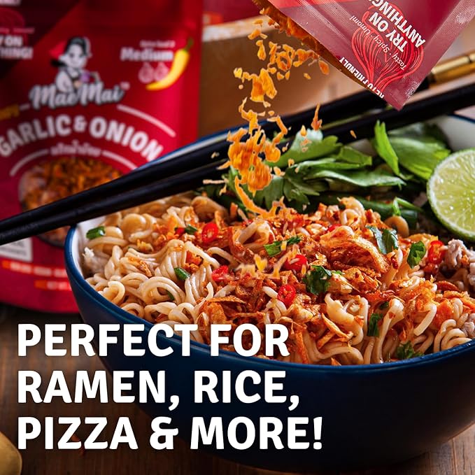 MaeMai Medium Spice (SPICY) - Crispy Onions & Garlic Flakes - Crunchy All-Purpose Seasoning, Keto