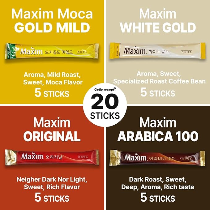 Korean Instant Coffee Mix Variety 20 Sticks (4 Types) Maxim Instant Single Serve Mocha White