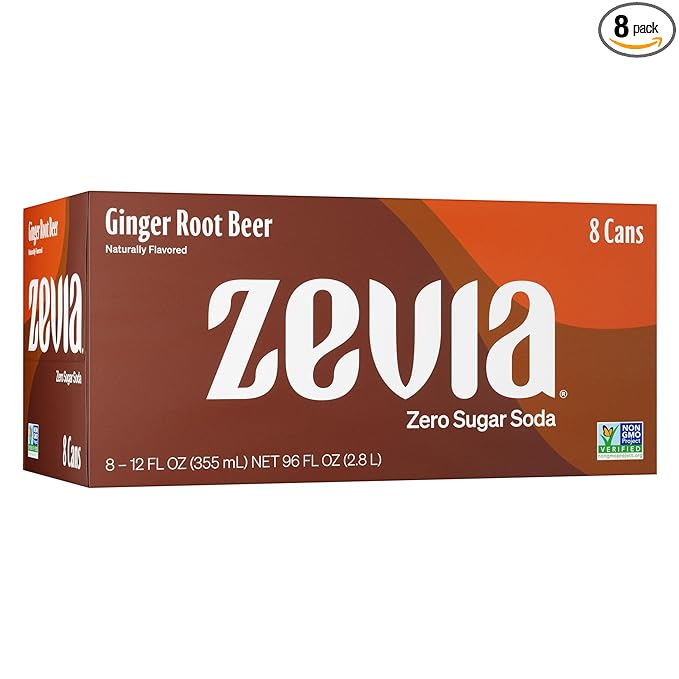 Zevia Zero Sugar Soda, Ginger Root Beer, 12 oz Cans (8-Pack) ??Naturally Sweetened, Non-GMO Project