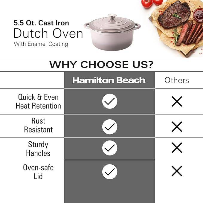 Hamilton Beach 5.5-Quart Enameled Cast Iron Dutch Oven with Lid | Heavy-Duty Pot for Braising