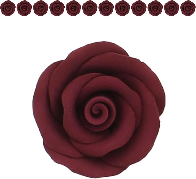 Global Sugar Art Premium Edible Roses, Burgundy, Unwired, Medium 1.5 inches, 12 Count by Chef Alan