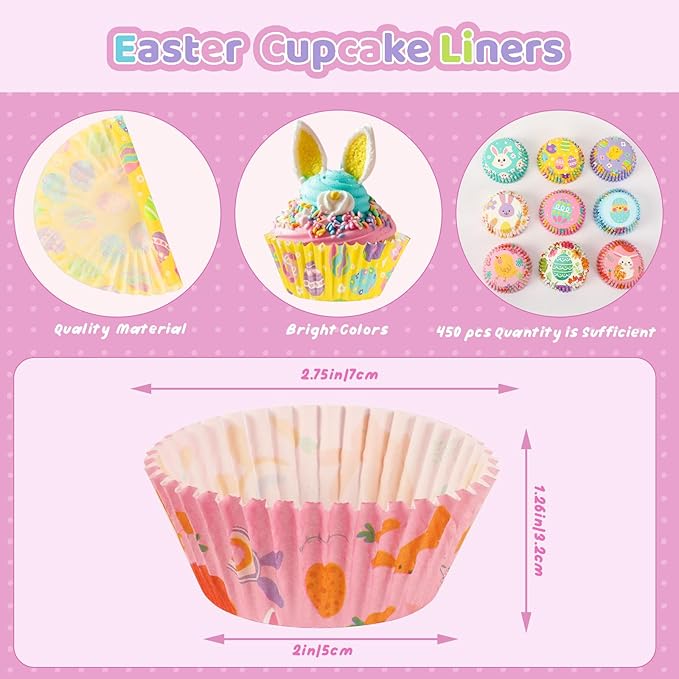 SANNIX 450pcs Easter Cupcake Liners, Bunny Chick Egg Flower Baking Cups Cupcake Wrappers Paper