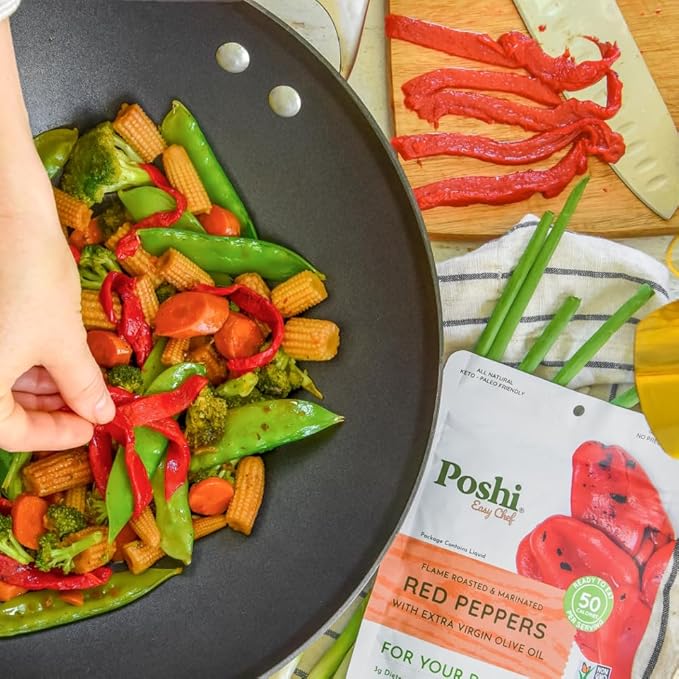 POSHI Flame Roasted Red Peppers in Extra Virgin Olive Oil Natural, Keto, Vegan, Non GMO, Low Carb +