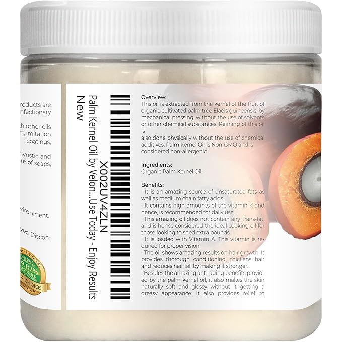 velona USDA Certified Organic Palm Kernel Oil - 8 Fl Oz | 100% Pure and Natural Carrier Oil |